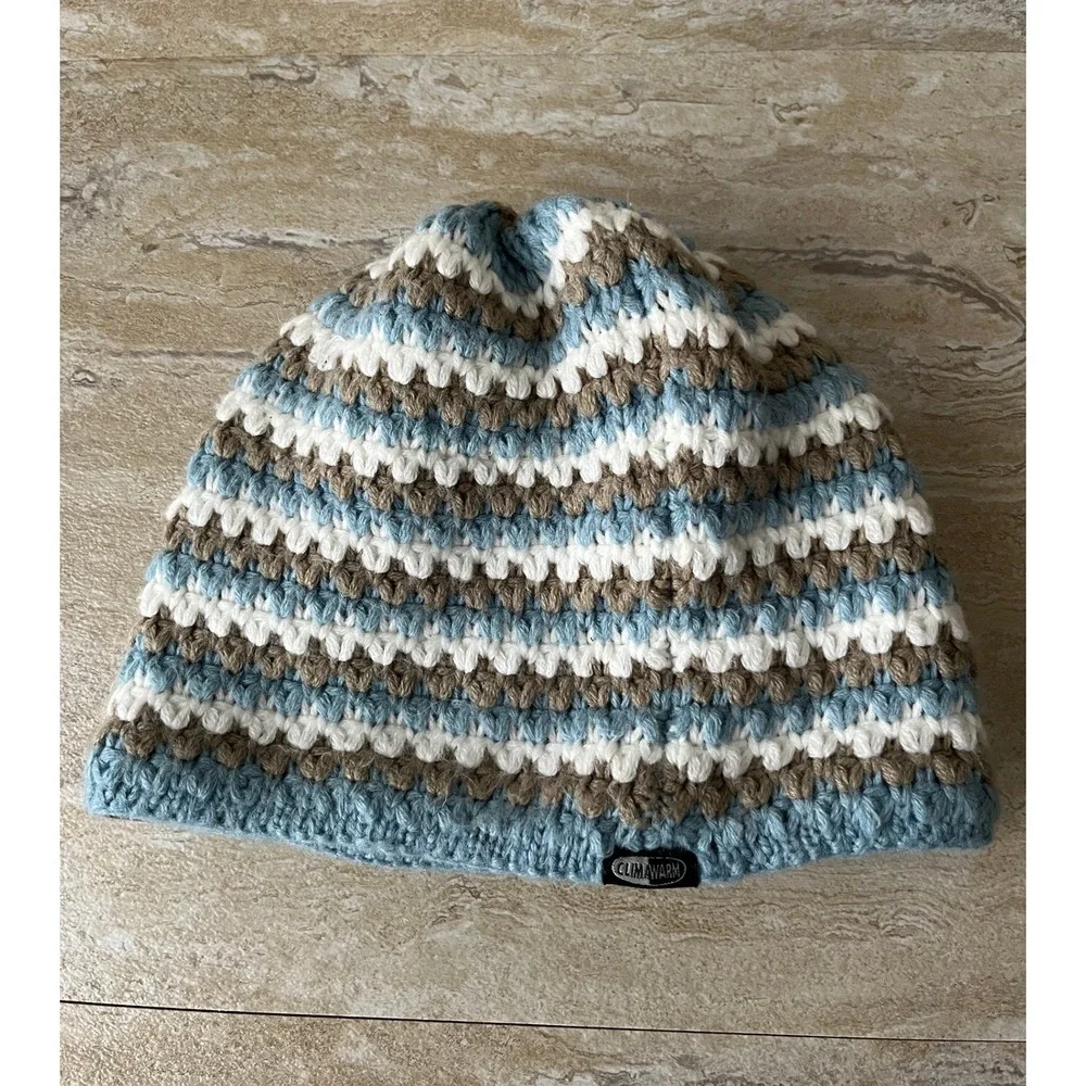 Adidas Beanie Mens OS Blue Striped Crochet Knit Fleece Lined ClimaWarm